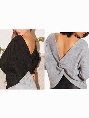 Bundle Of 2 Twist-Back Knit Tops - Gray & Black
